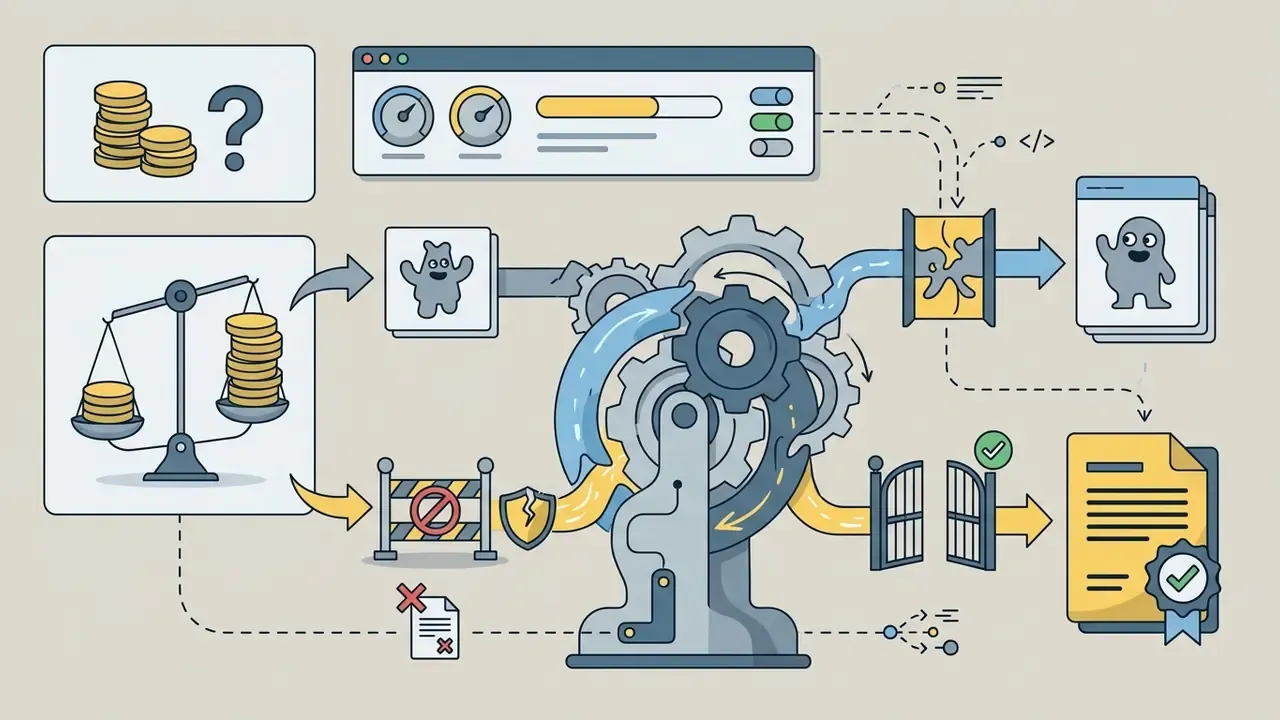 Coins and scales feeding into a gear mechanism that processes usage rights and licensing documents