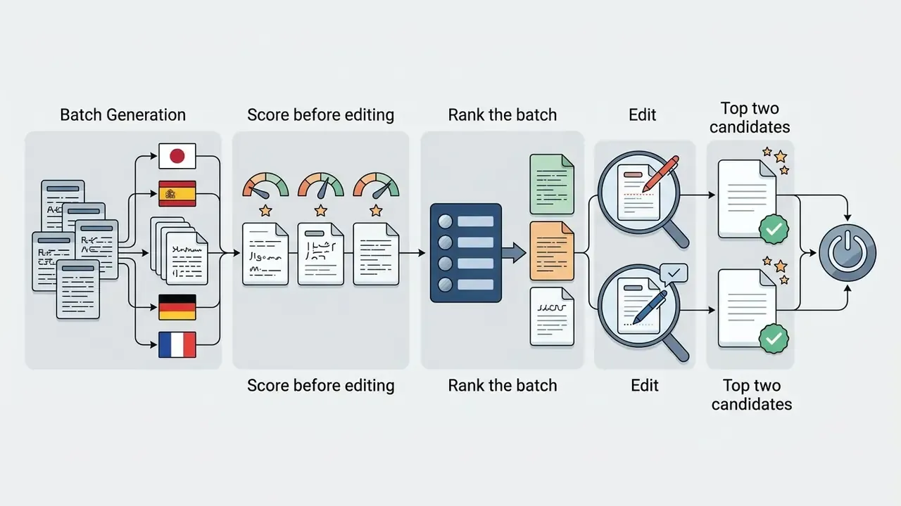 Sequential workflow showing batch generation, scoring, ranking, and editing of text documents