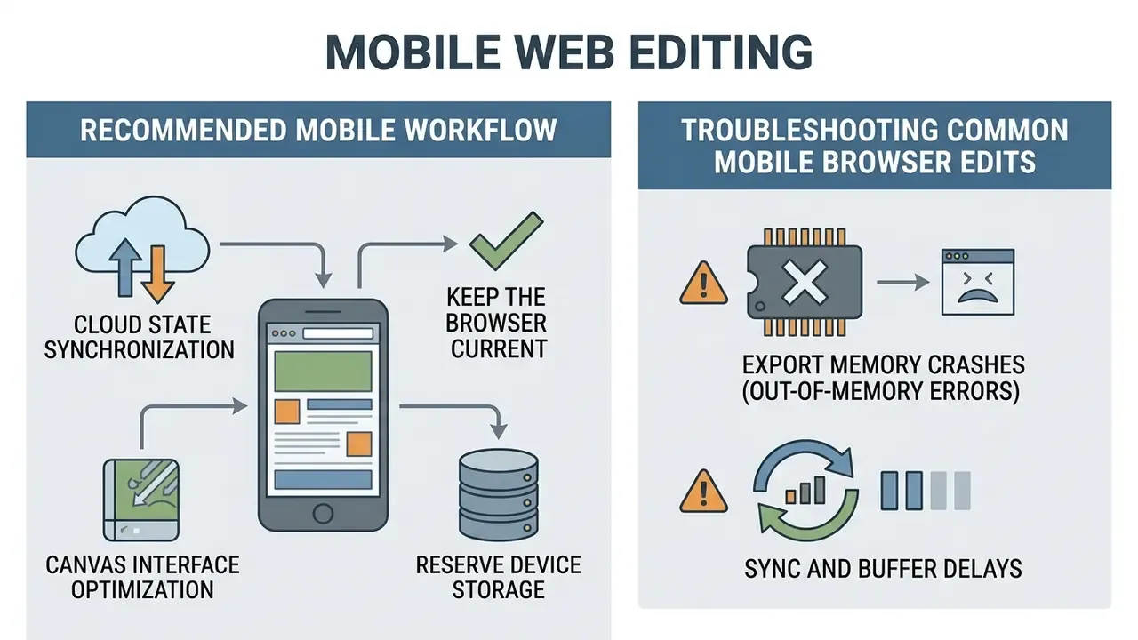 Two-part guide showing mobile editing workflows and troubleshooting steps for browser memory issues