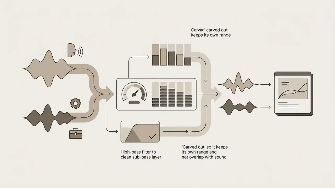 Audio waveforms passing through a frequency filter and equalizer to separate sound ranges for mixing