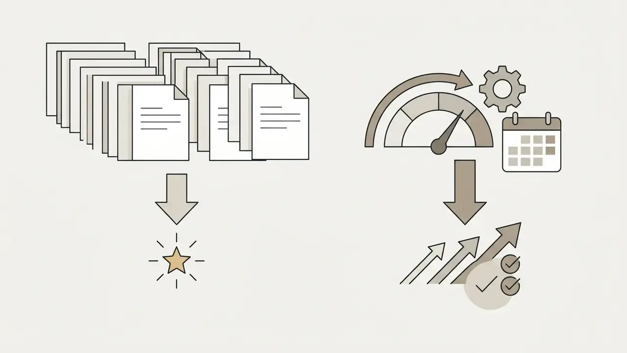 Stacks of papers leading to a star icon alongside a speed gauge and calendar resulting in rising arrows