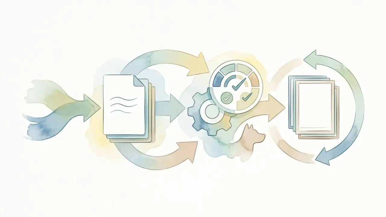 Watercolor style cycle showing documents moving through gears and a checkmark gauge to create art