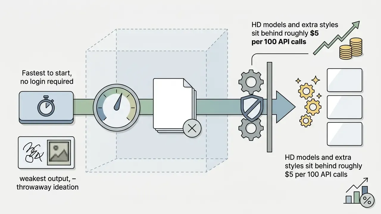 DeepAI workflow showing fast startup and basic output leading to a paywall for advanced model features
