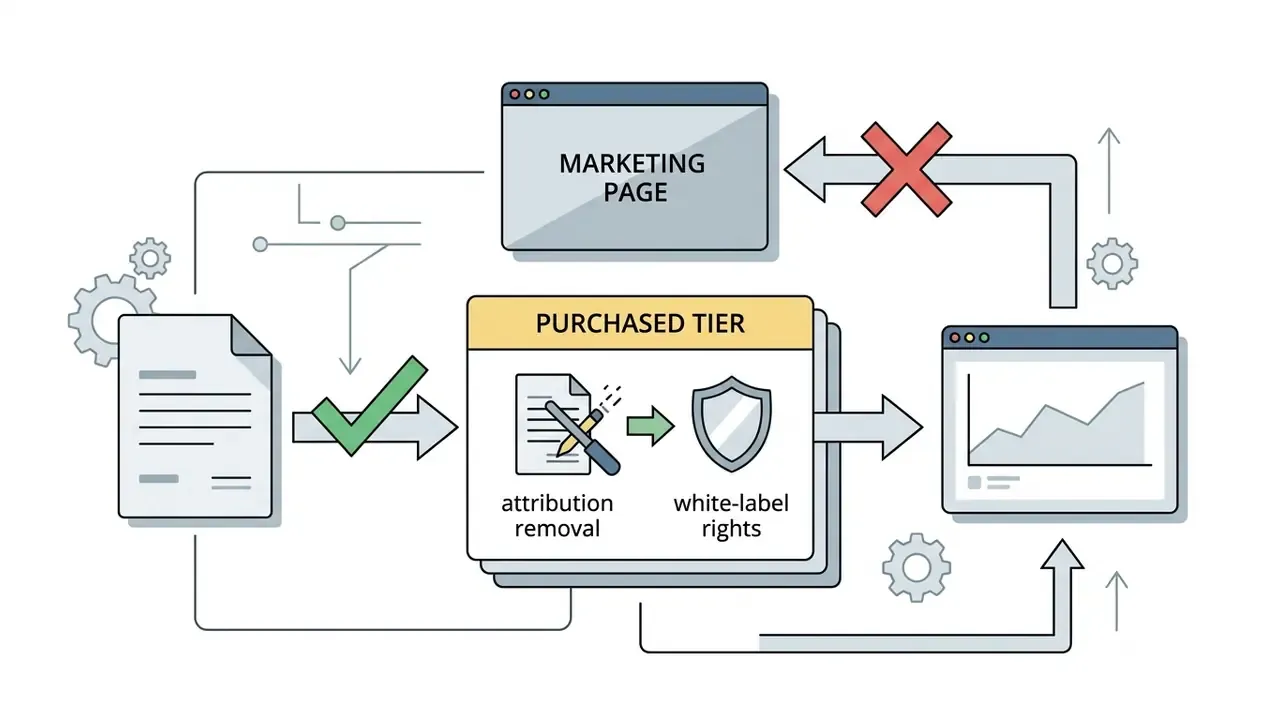 Workflow showing a purchased tier verifying attribution removal and white-label rights for chart generation