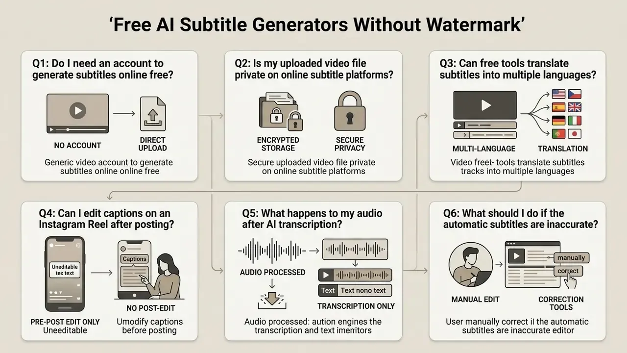 Grid of six frequently asked questions about using AI tools to add subtitles to video online free