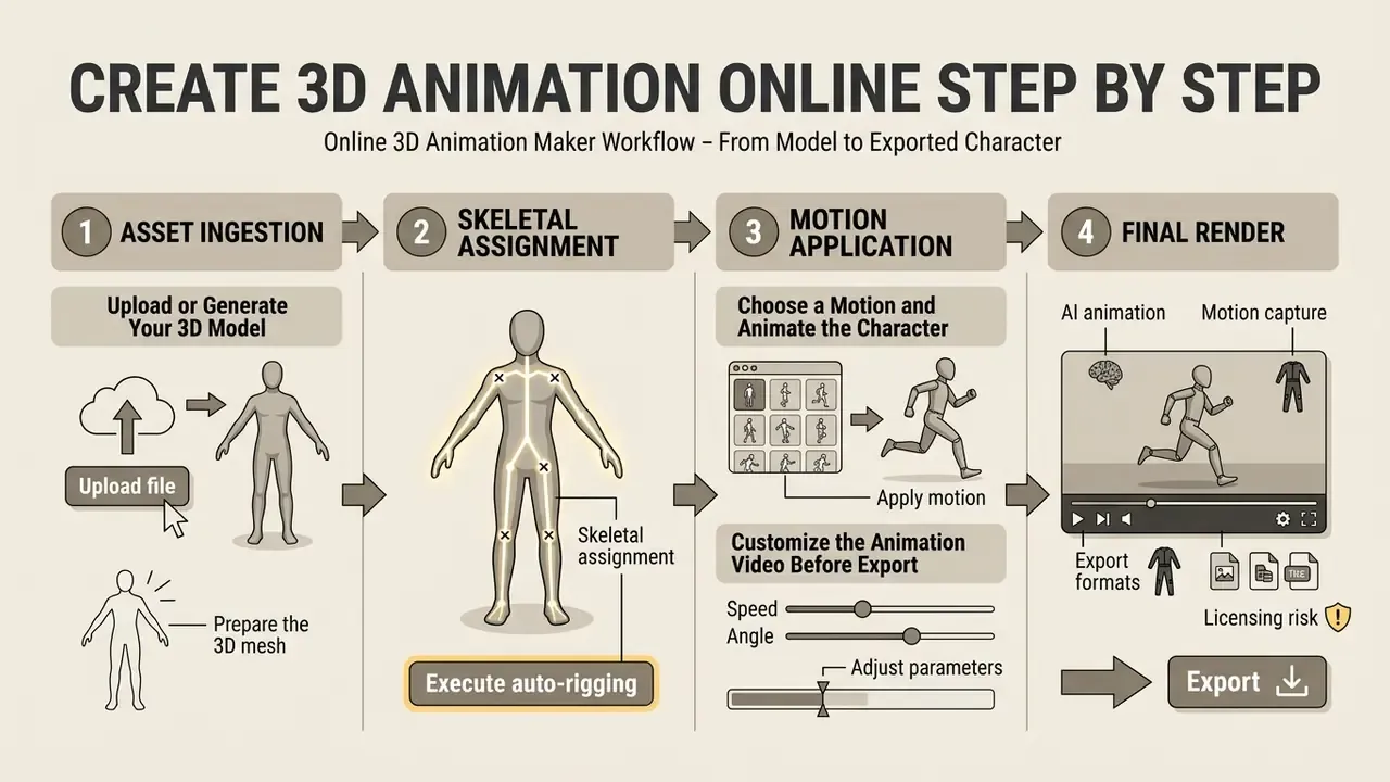 Four-stage workflow diagram showing asset ingestion, auto-rigging, motion application, and final video export