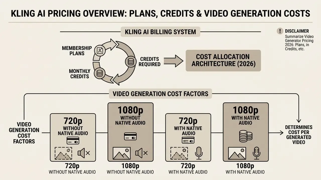 Infographic showing Kling AI billing cycles and cost factors for video resolution and audio options