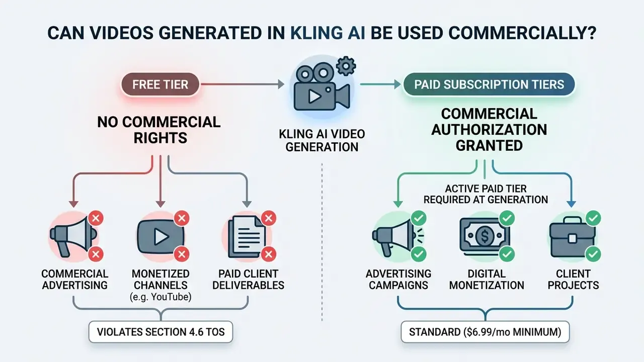 Comparison diagram showing commercial rights for free versus paid subscription tiers for video generation