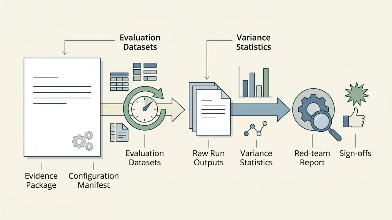 Sequential process showing evidence packages moving through evaluation, raw output analysis, and sign-offs