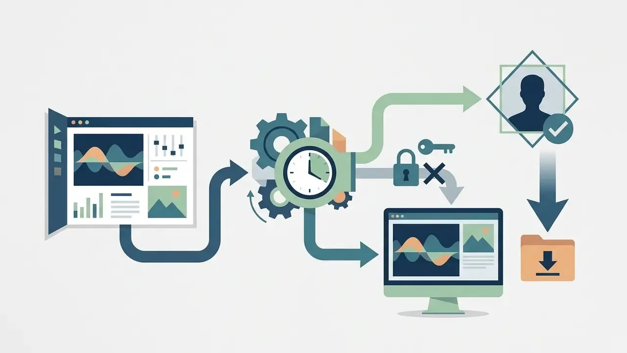 Web interface feeding data through a clock and gears to a user profile and a file download icon
