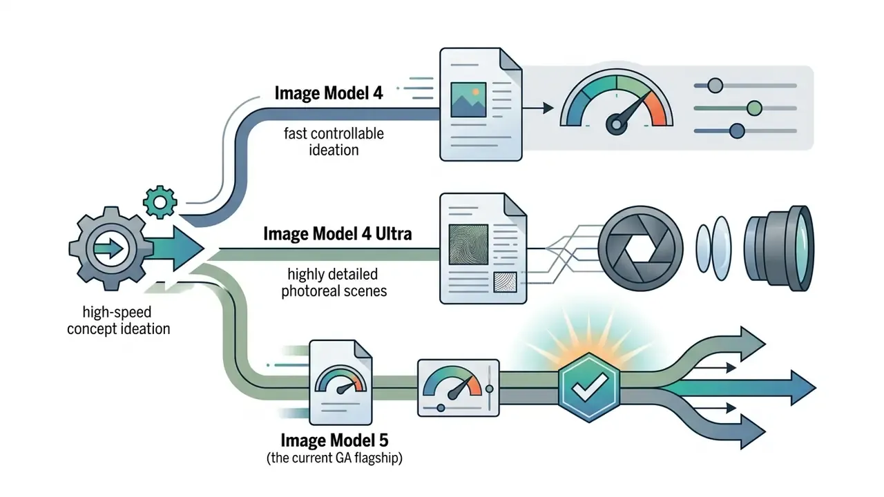 Three branching paths illustrating different image model capabilities for speed, detail, and flagship use