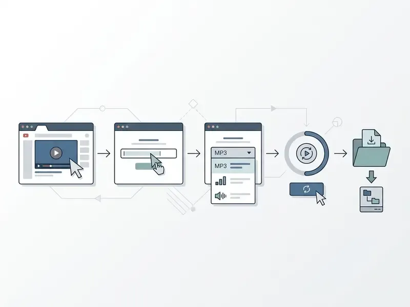 Diagram illustrating steps to copy a video link, paste it into a converter, select MP3, and save the file