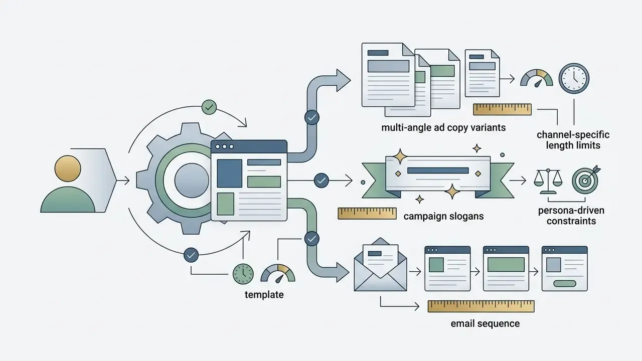 User input flowing through a central processing gear to generate ad copy, slogans, and email sequences