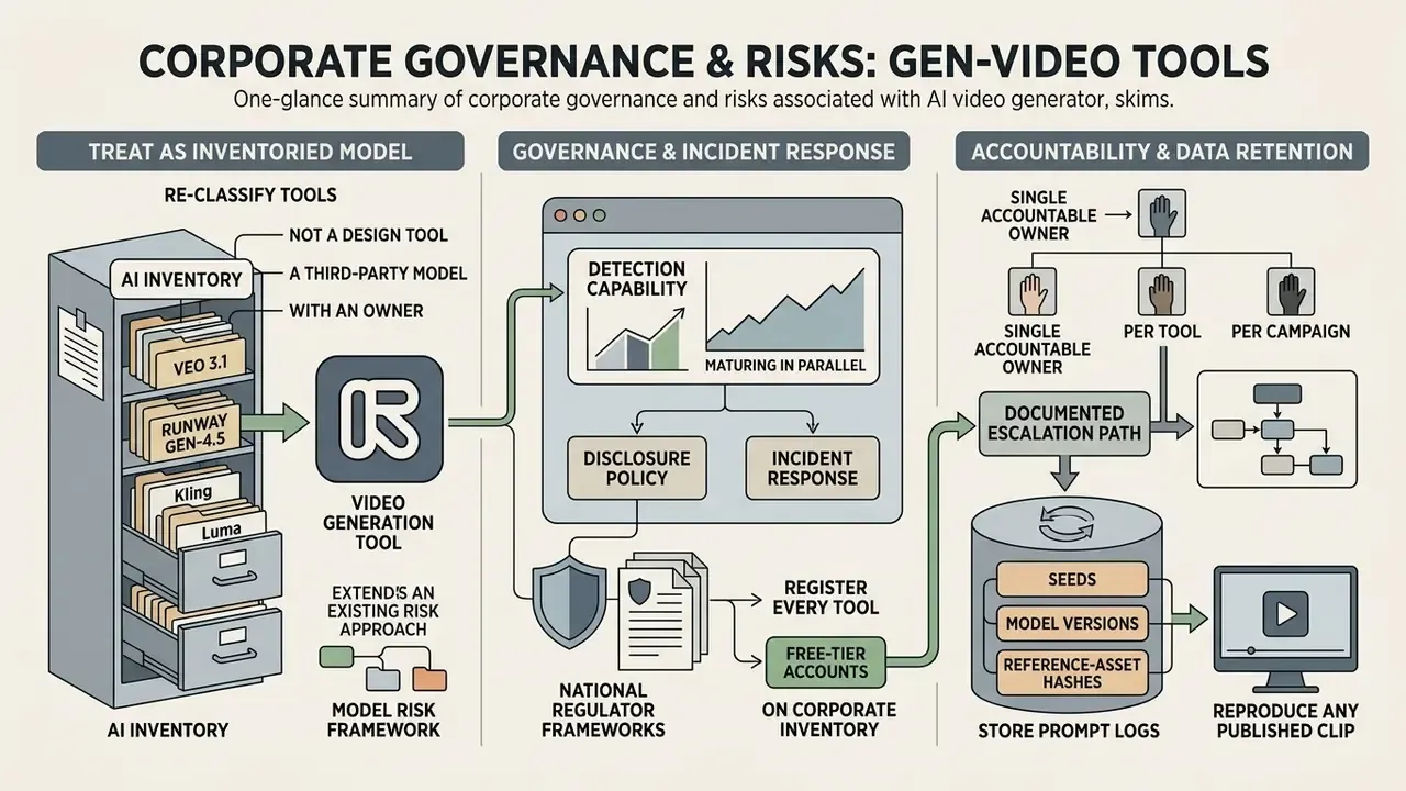 Diagram showing governance steps for managing AI video generator tools including inventory and accountability