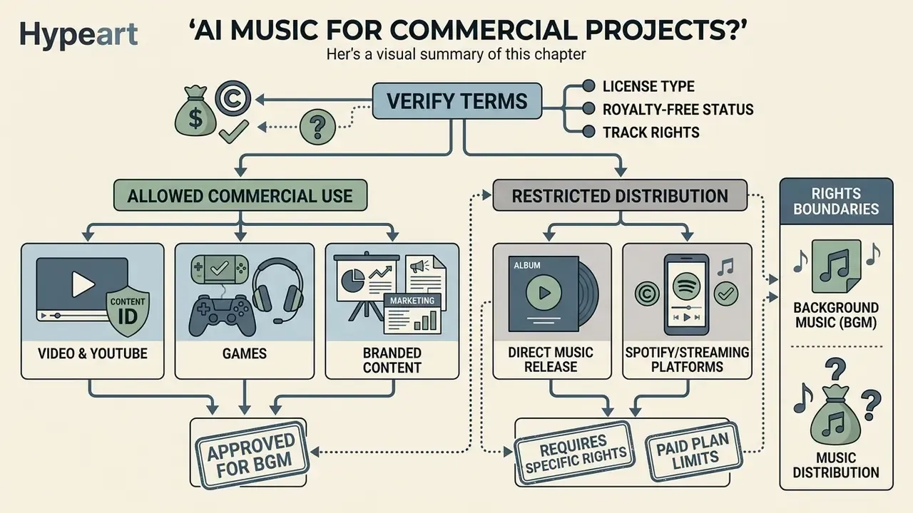 Flowchart outlining the licensing and distribution rights for using AI music in commercial projects