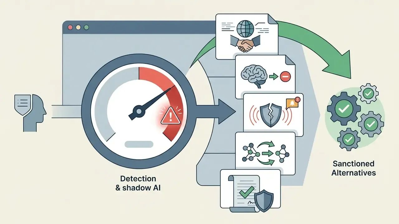 Speedometer gauge monitoring shadow AI risks and directing workflows toward verified contract documents