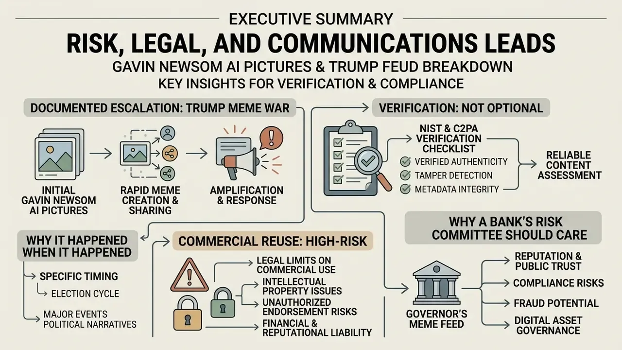 Infographic flowchart detailing the risks and verification steps for Gavin Newsom AI pictures