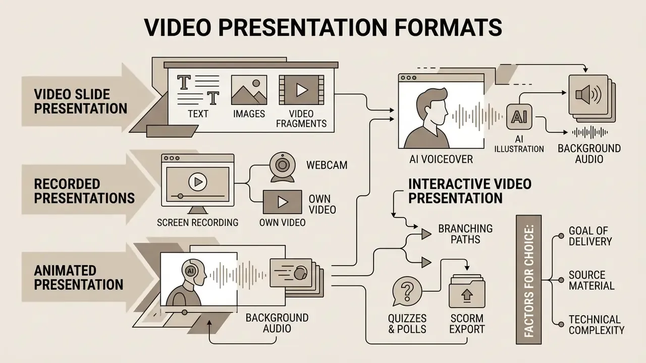 Flowchart outlining various video presentation styles including slides, recordings, and interactive elements