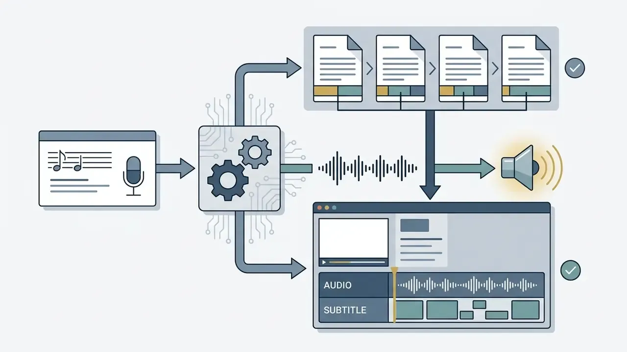 Processing vocal tracks and timed subtitle files into a synchronized video editing project