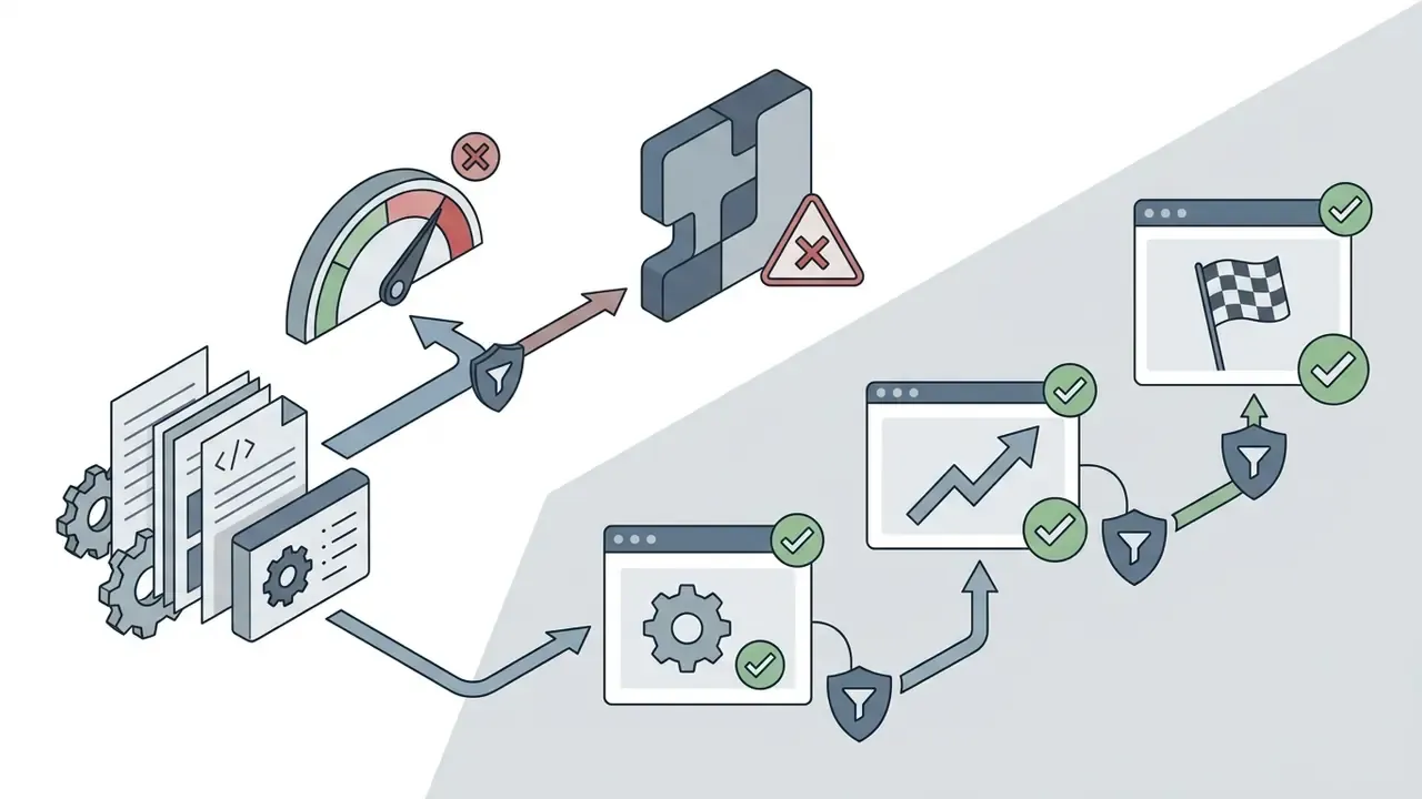 Documents and gears splitting into a blocked path or a sequence of filtered steps toward a goal