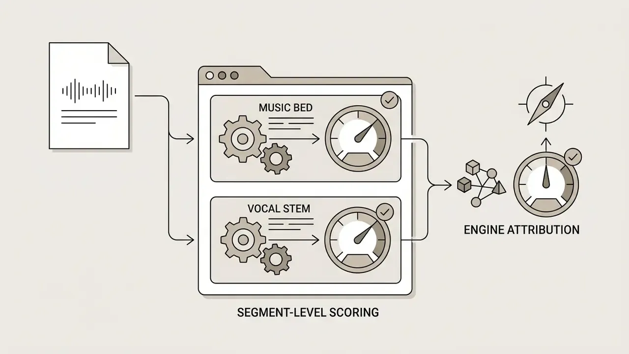Audio file feeding into a scoring process that analyzes music and vocal stems for engine attribution