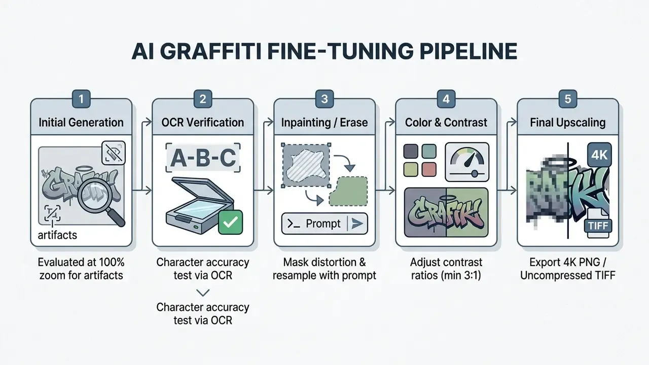 Five sequential steps showing the technical workflow for refining AI generated graffiti art