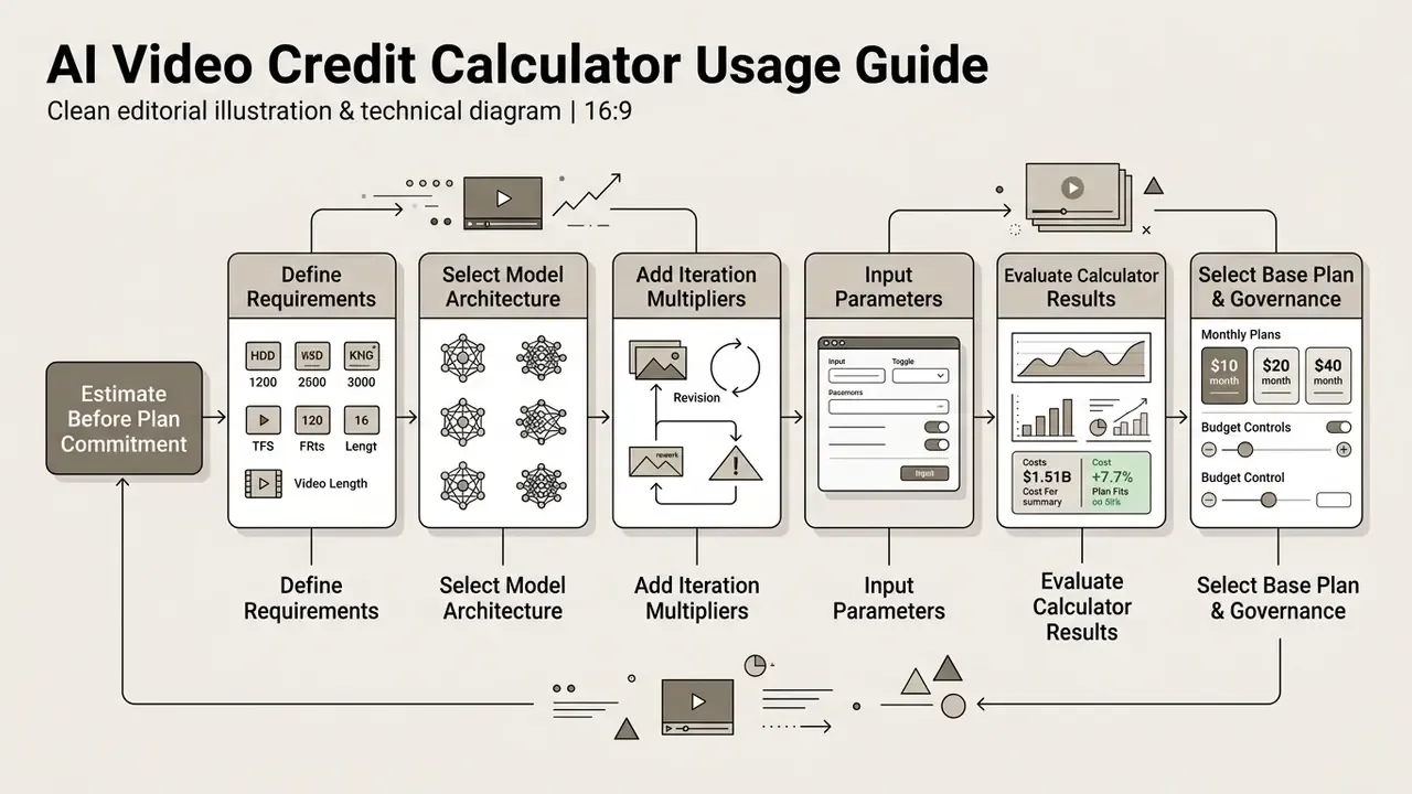 Step-by-step process diagram detailing how to use an AI Video Credit Calculator for project planning