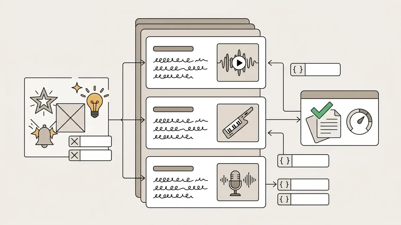 Cards showing Suno AI music production steps with icons for audio, instruments, and vocal recording