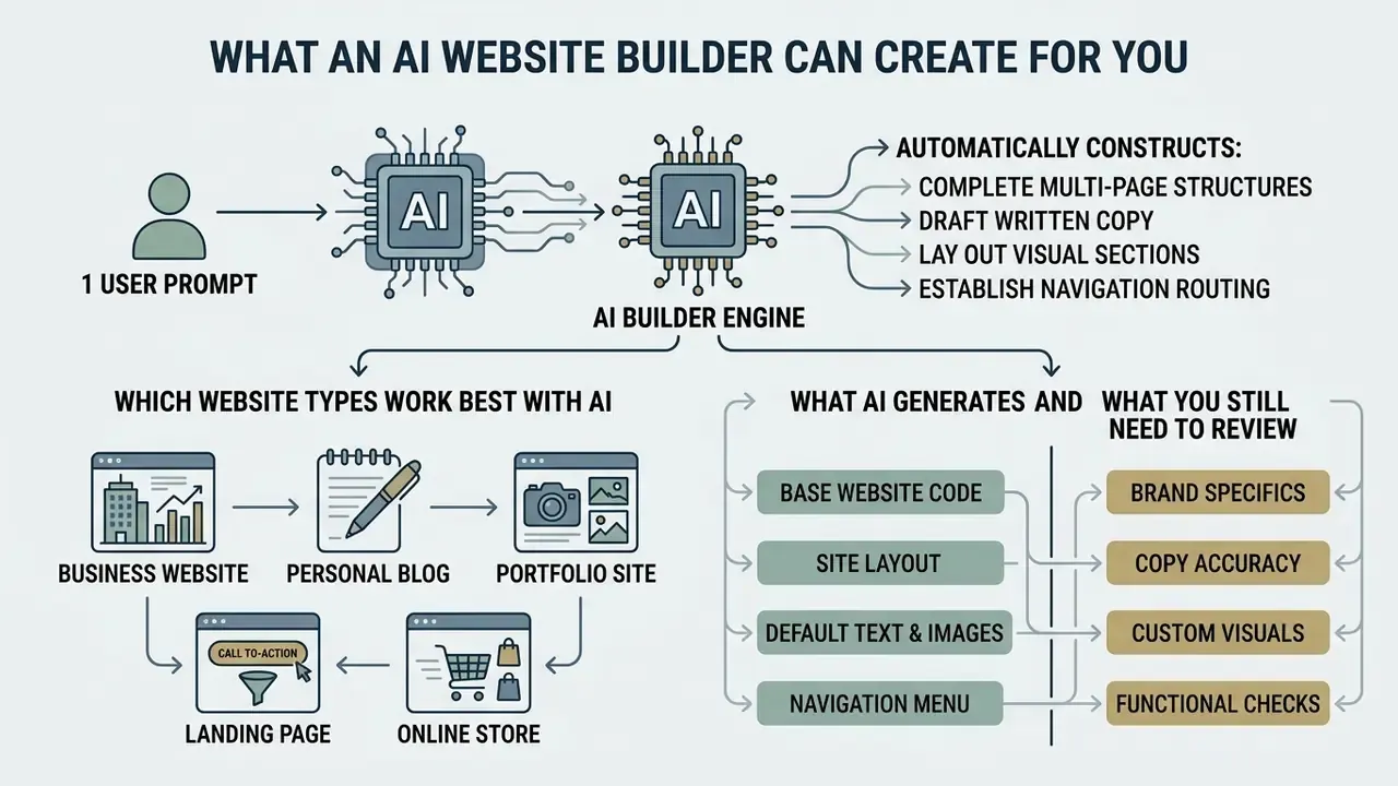 Flowchart showing how an AI engine processes user prompts to build sites and divide tasks between AI and humans