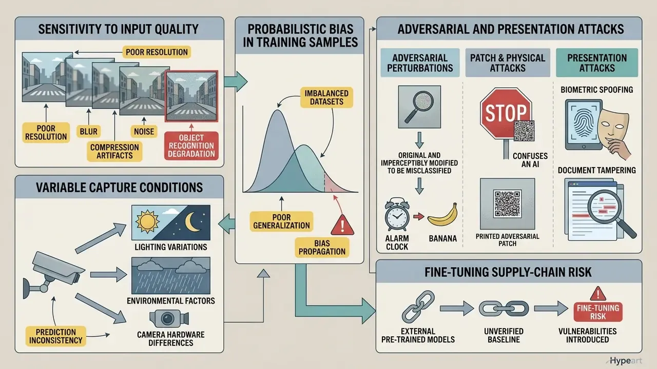Visual breakdown of technical vulnerabilities including input quality, training bias, and adversarial attacks
