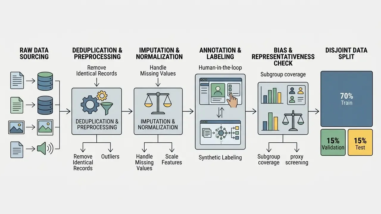 Step-by-step diagram of a data preparation pipeline for training an AI model