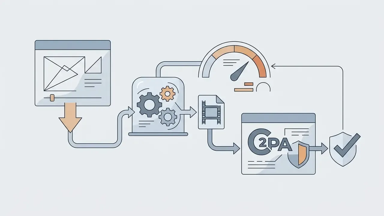 Video generation workflow connecting a prompt interface to processing gears, metadata tagging, and C2PA labels