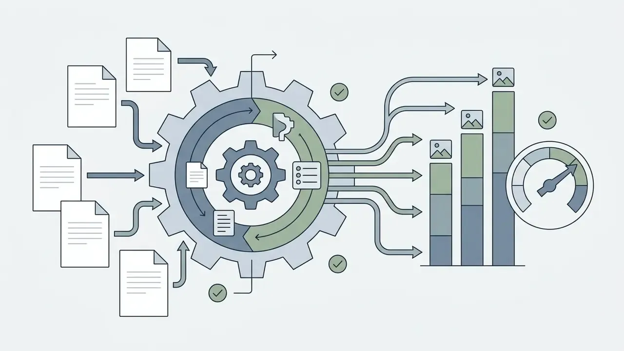 Documents feeding into a central gear mechanism that outputs data to bar charts and a gauge