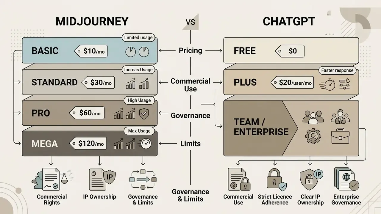Comparison table detailing Midjourney and ChatGPT subscription tiers, pricing, and governance features