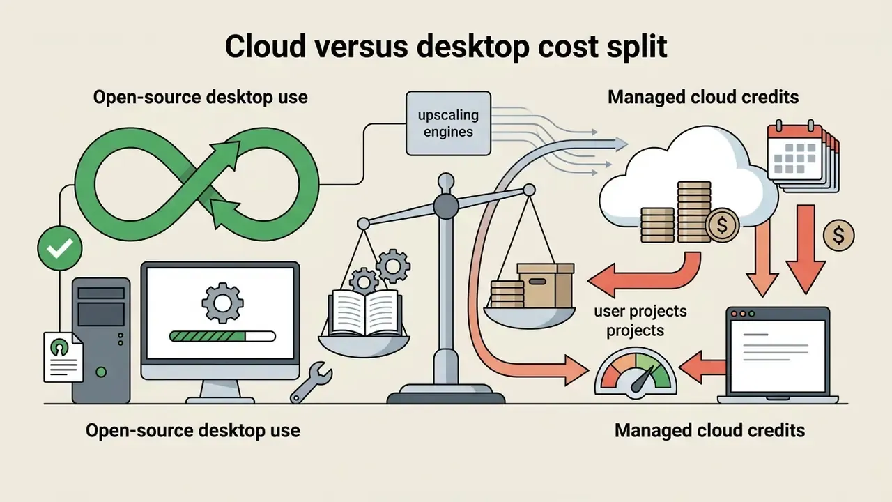 Balance scale weighing open-source desktop software against managed cloud computing credit costs