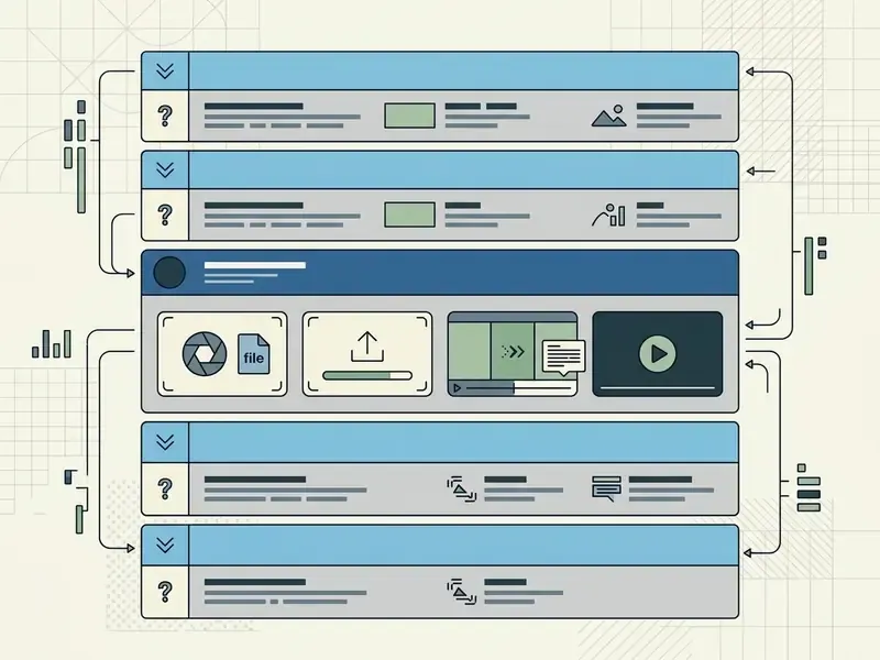 Accordion menu interface showing file upload, processing, and video generation steps with connecting lines