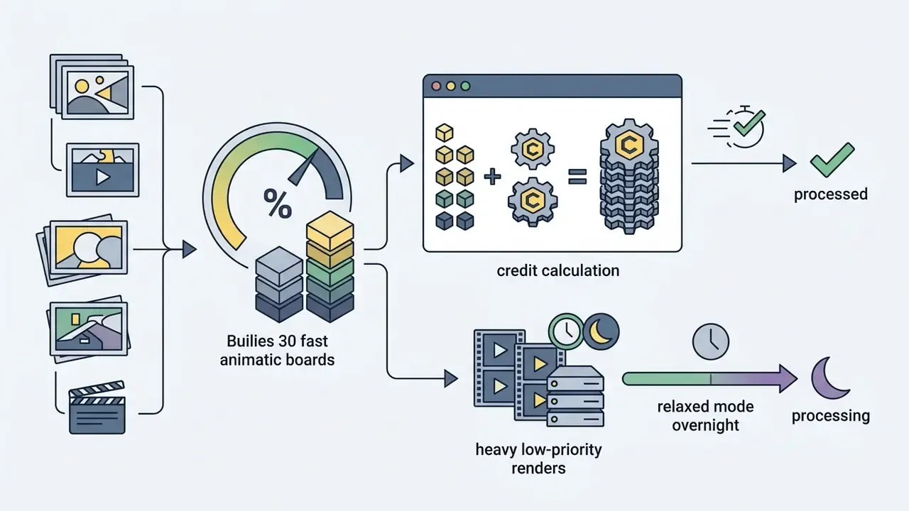 Workflow showing animatic board production split between fast credit-based processing and relaxed rendering