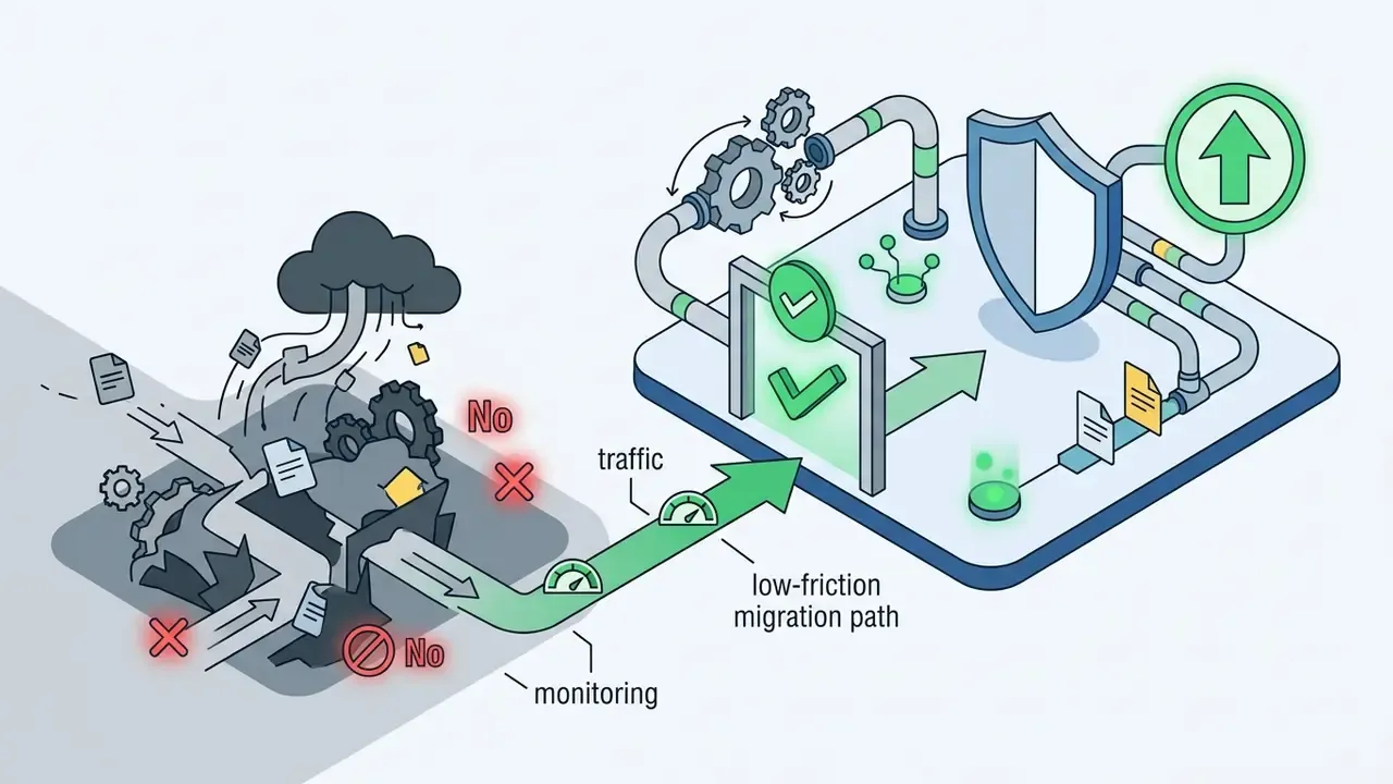 Unsanctioned data flow redirected through a monitored migration path into a protected processing zone