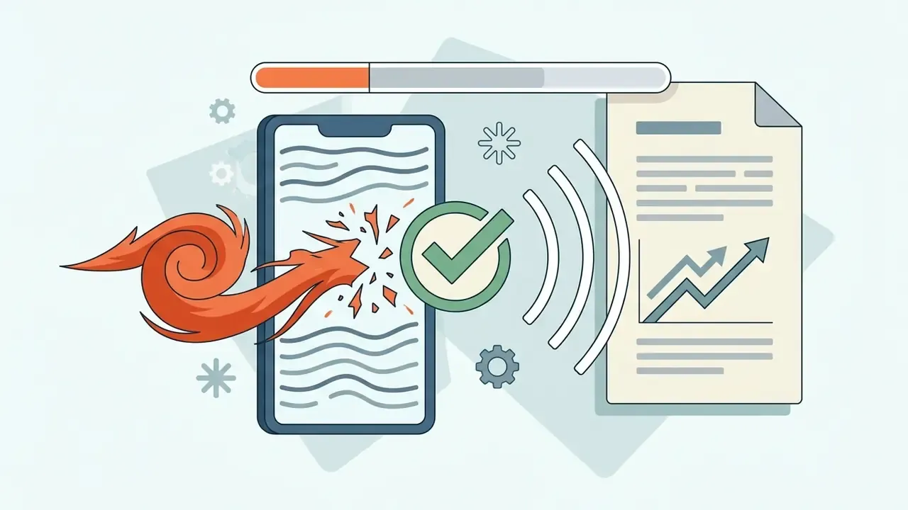 Smartphone screen with a fire icon and checkmark symbol next to a document showing an upward growth chart