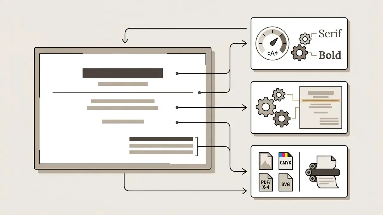 Business card layout elements connected to typography settings, gear mechanisms, and file export icons