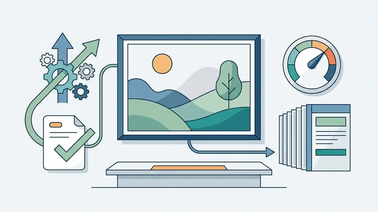 Gears and a document icon connecting to a landscape image frame beside a gauge and stacked page icons