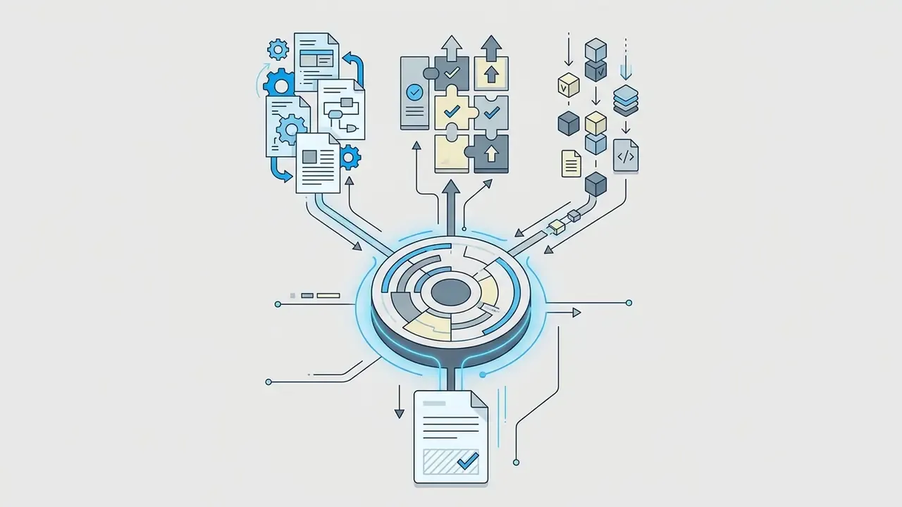 Central hub processing documents, puzzle pieces, and data blocks into a single verified output file