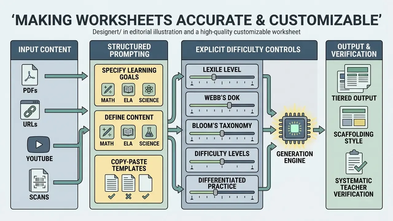 Diagram showing input sources, structured prompting, and difficulty controls for creating educational content