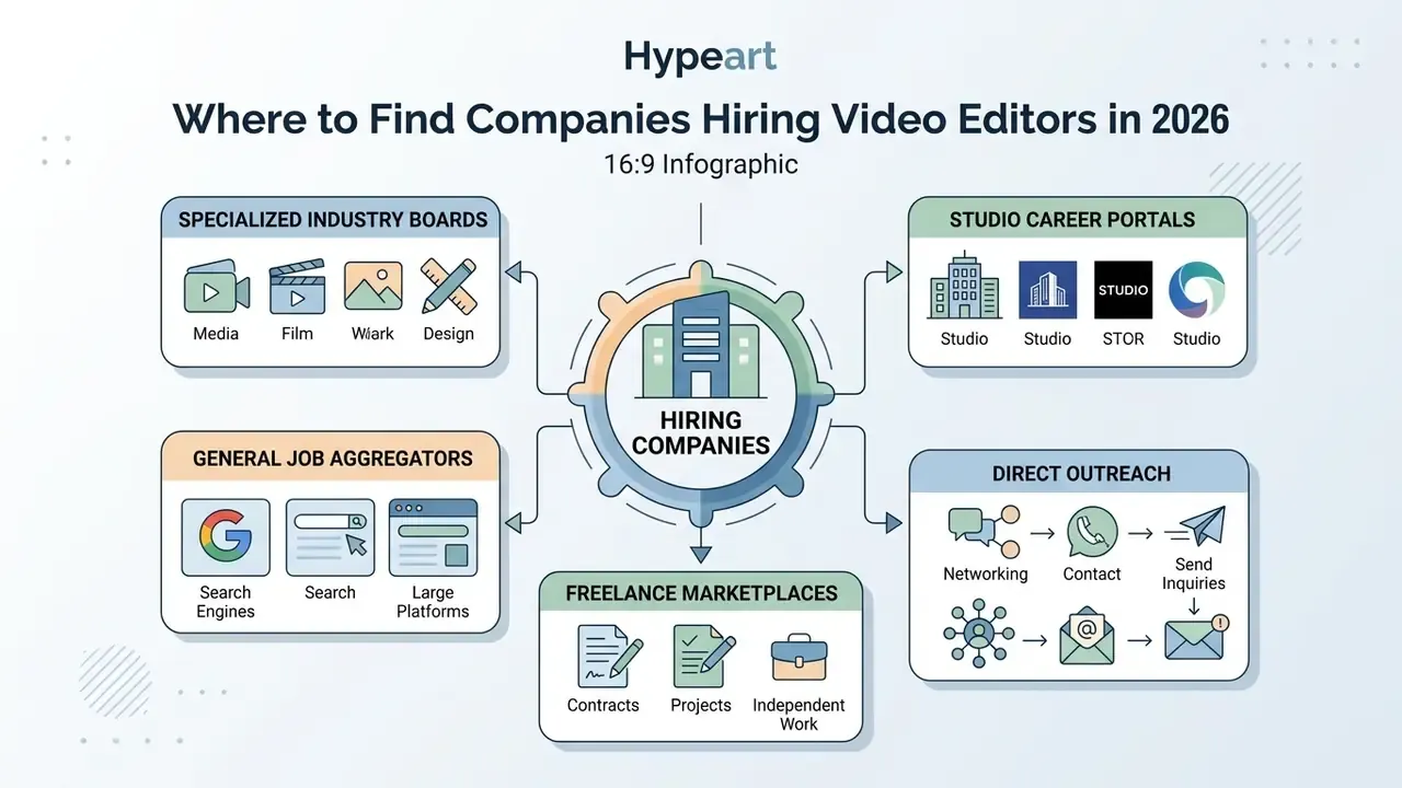 Infographic mapping five key channels for finding companies hiring video editors