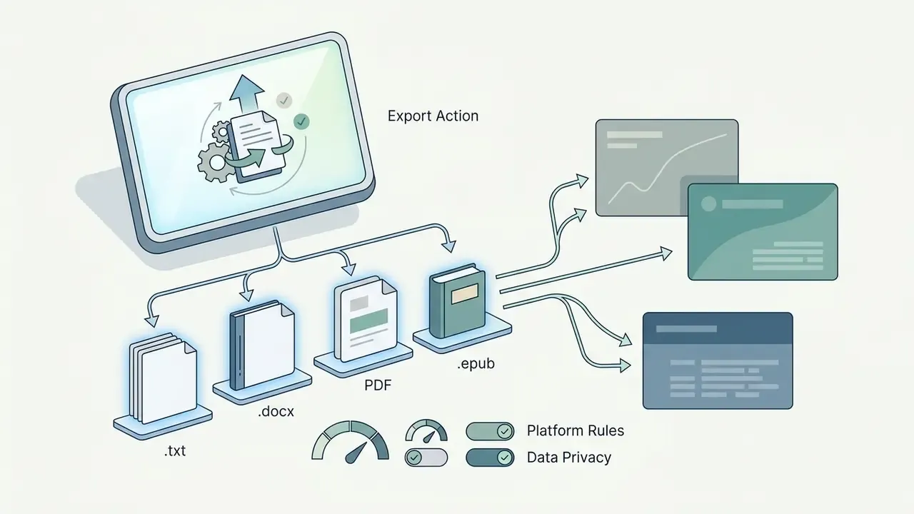 Screen icon exporting various file formats toward multiple platform cards with rule and privacy toggles