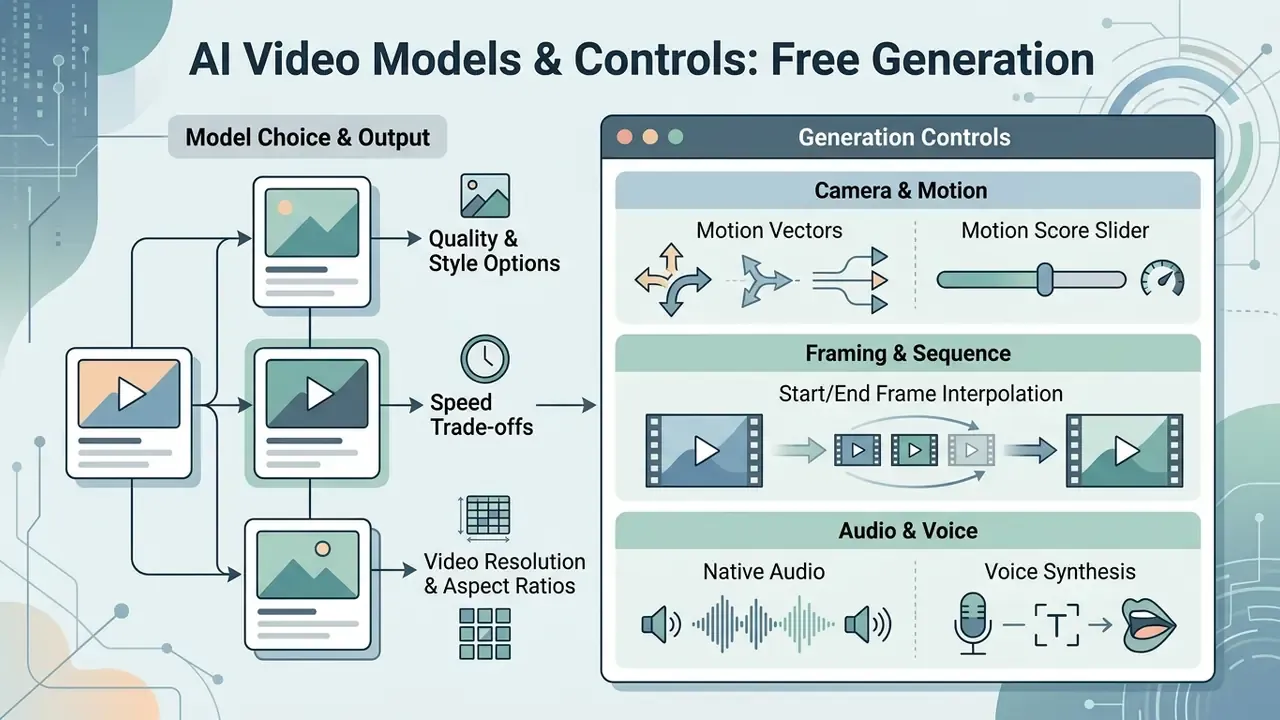 Summary of AI video generator models and control settings for motion, framing, and audio synthesis