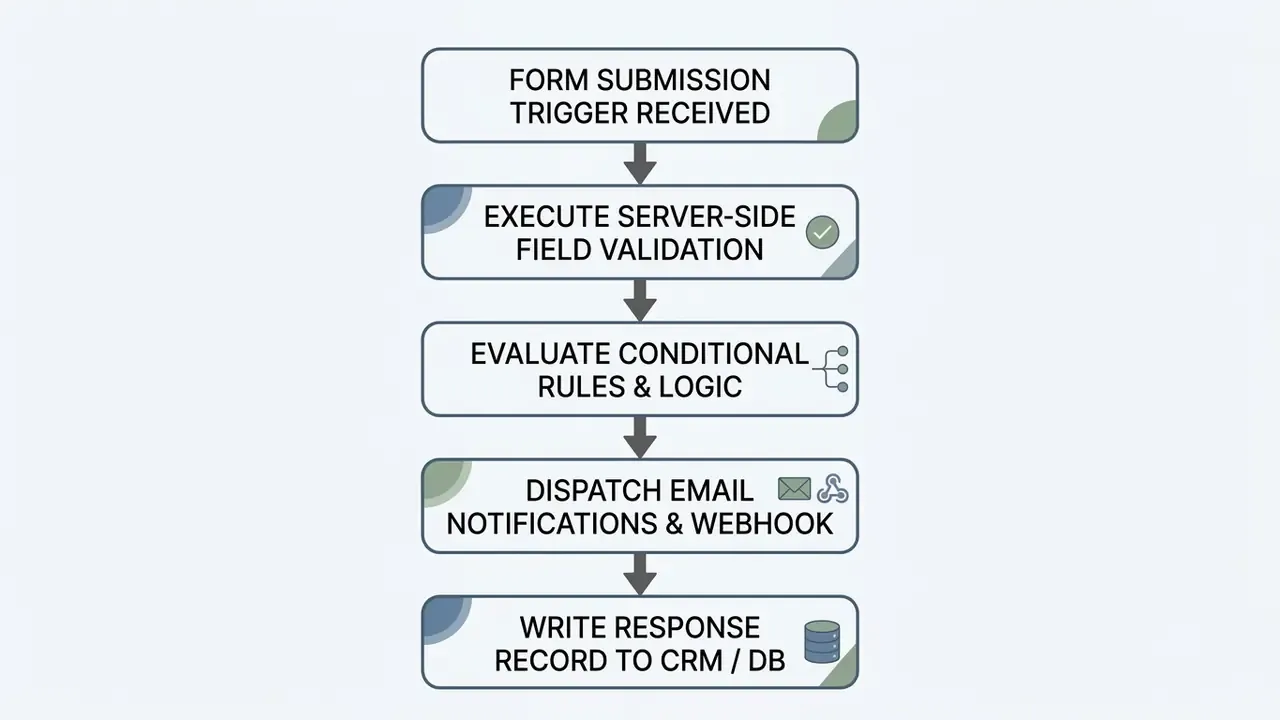 Vertical flowchart showing five sequential steps for processing form submissions and data integration