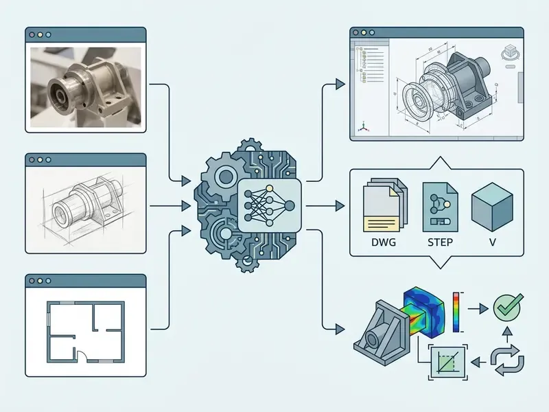 Diagram showing photo and sketch inputs being processed by a neural network into CAD files and analysis