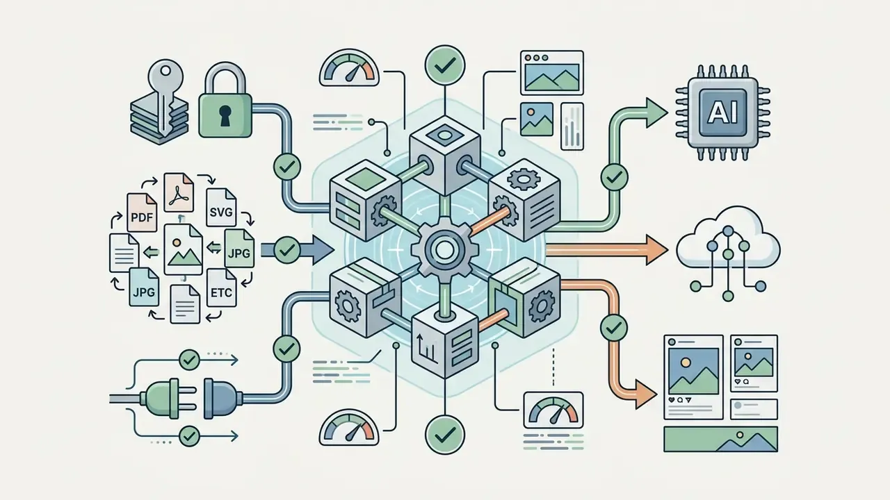 Interconnected blocks and gear mechanisms linking file formats and security tools to AI and cloud outputs