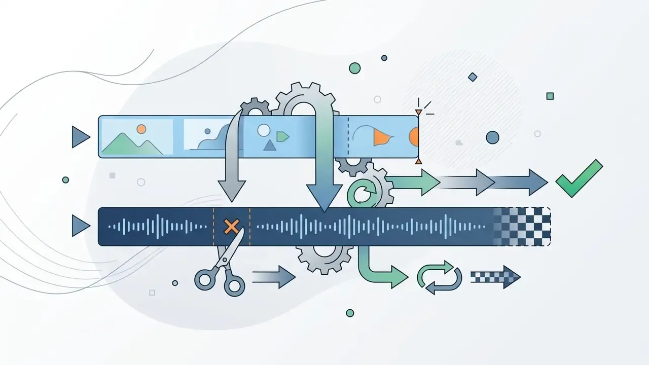 Video and audio timelines with gears and scissors showing the process of trimming and looping media